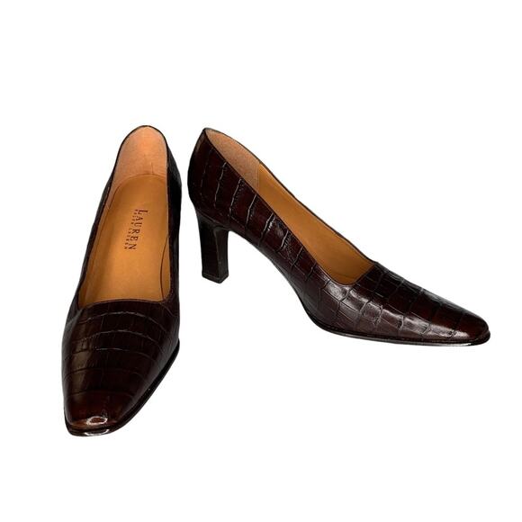 Lauren Ralph Lauren NWOB Cocodrile Women High Heels Brown Sz 10 B Made … - Picture 1 of 12